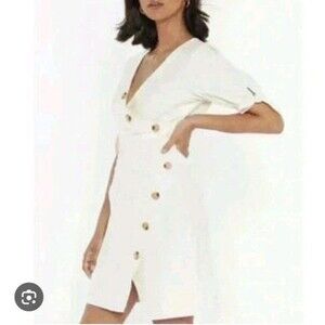 Nasty Gal Dress Beige Size 8 Tie Sleeve Buttons V-neck